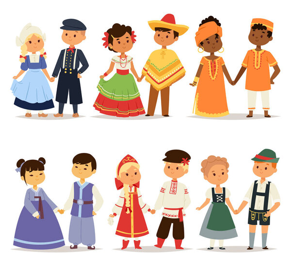 Traditional kids couples character of world dress girls and boys in different national costumes and cute little children nationality dress vector illustration.
