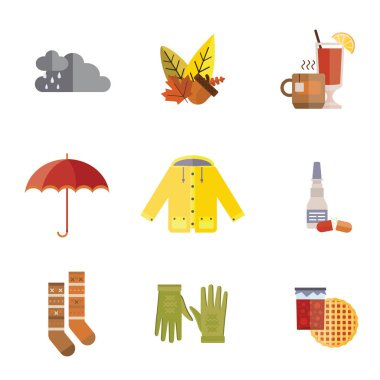 yağmurluk parka çay çorap çizme mulled şarap vektör çizim şemsiye ağacı yağmur şapka atkı eldiven ceket sonbahar sonbahar giyim ayarla