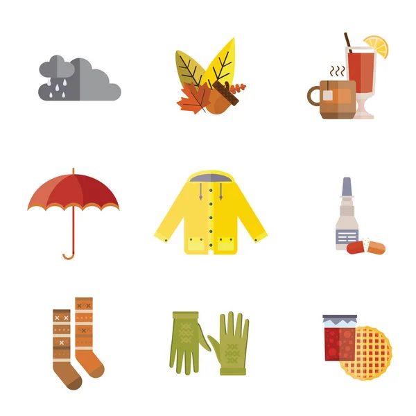 Automne vêtements définir l'automne arbre pluie chapeau écharpe gants manteau imperméable parka thé chaussettes bottes mulled vin vecteur illustration parapluie — Image vectorielle