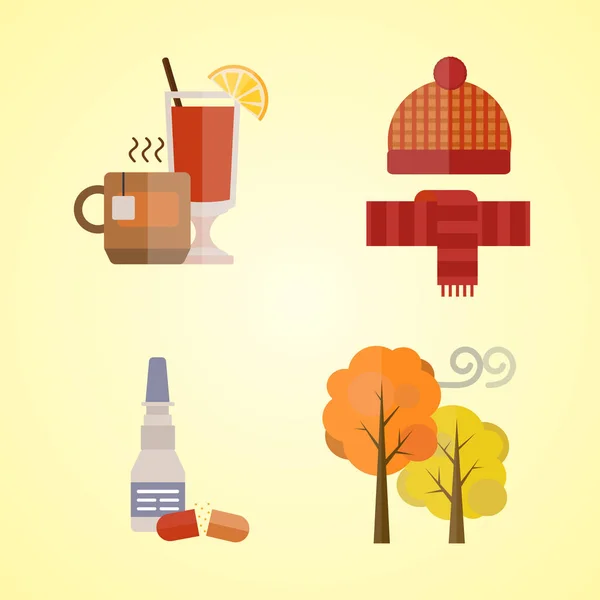 Sammlung von Herbst Kleidung Set Artikel der Herbst Blätter Baum Kälte rot gelb Farben Mütze Schal Handschuhe Tee Glühwein Vektor Illustration — Stockvektor