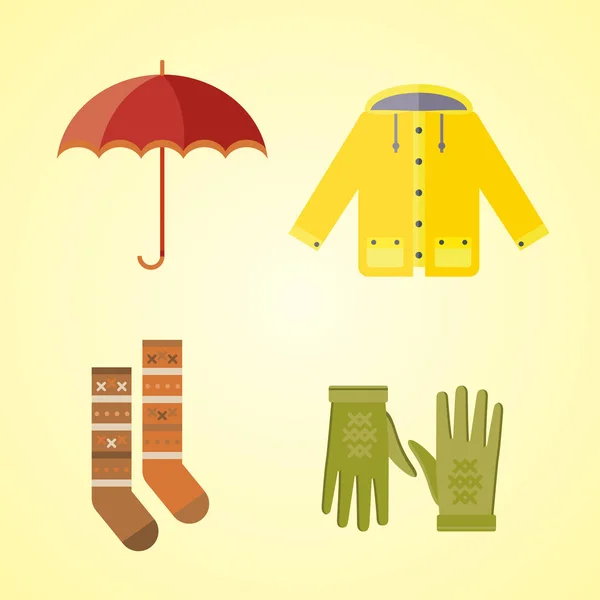 Sammlung von Herbst Kleidung Set Artikel die Herbst Mütze Schal Handschuhe Mantel Regenmantel Parka Glühwein Vektor Illustration — Stockvektor
