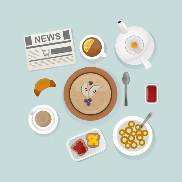 Saludable desayuno comida vista superior vector ilustración . — Vector de stock