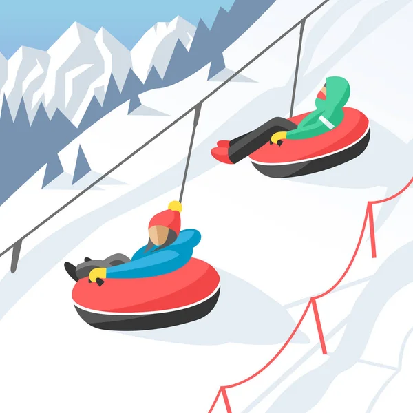 Snowboarder seduto in gondola da sci e ascensori stazione sciistica invernale snowboard persone riposo sollevamento salto vettore illustrazione montagna — Vettoriale Stock