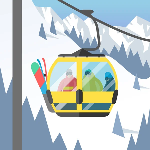 Snowboarder sitting in ski gondola and lift elevators winter sport resort snowboard people rest lifting jump vector illustration mountain — Stock Vector