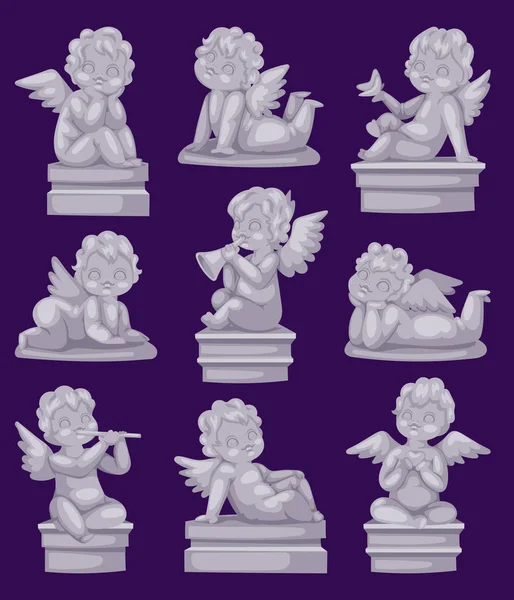 Beautiful statue of angel praying isolated marble antique sculpture or monument and cupid boy statue stone decoration symbol vector illustration. — Stock Vector