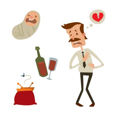 İşadamı kalp riski adam kalp krizi stres enfarktüsü vektör çizim Sigara Alkol zararlı depresyon baş dönmesi sağlık sorunları içme