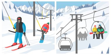 Snowboard Kayak gondol ve Asansör Asansör kış spor resort snowboard insanlarda oturan kaldırma atlama vektör çizim dağ dinlenmek