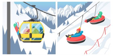 Snowboard Kayak gondol ve Asansör Asansör kış spor resort snowboard insanlarda oturan kaldırma atlama vektör çizim dağ dinlenmek