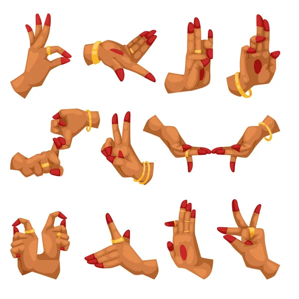 Mãos de mulher com mudra namaste no sinal de fundo branco e gestos de linguagem de ioga indiana relacionados ao hinduísmo ou budismo mudras ilustração vetorial . —  Vetores de Stock