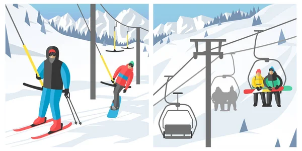Snowboardista sedí v lyžařské lanovky a vleku výtahy zimní sport resort snowboard lidé odpočívat zvedací skok vektorové ilustrace mountain — Stockový vektor