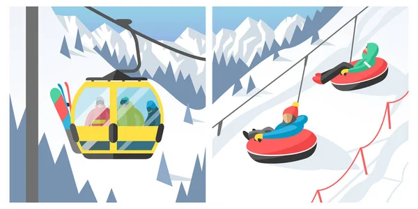 Snowboarder sentado en la góndola de esquí y ascensores estación de deportes de invierno snowboard personas descanso elevación salto vector ilustración montaña — Archivo Imágenes Vectoriales