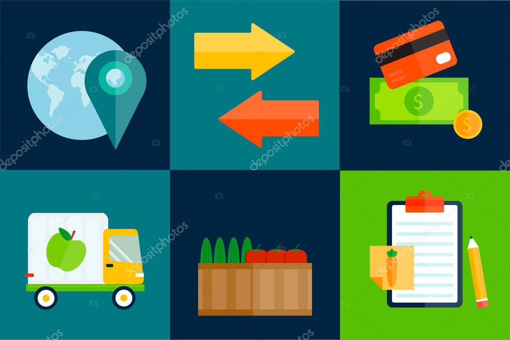 Import export fruits and vegetables delivery vector icons set. Shipping shop commerce container sign. Organic food distribution package illustration.
