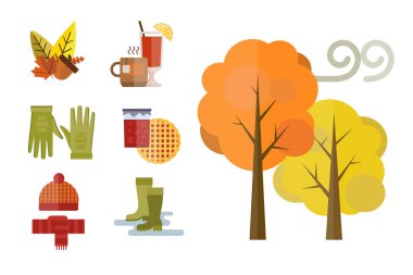 sonbahar giysileri sonbahar meşe palamudu ağacı şapka atkı eldiven ceket yağmurluk parka çorap bırakır öğeleri ayarla topluluğu mulled şarap vektör çizim çizme