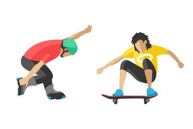 Skate park aşırı spor eğlenceli kentsel hile yaparak kaykaycı atlama karakter düz vektör çizim kaykay kaykay yaşam tarzı