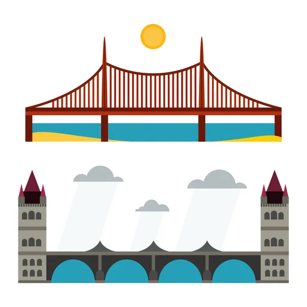 近代的な橋フラット ピクトグラム ビジネス建築都市旅行マーケティングの概念とトレンディな建築設計のシンプルなベクター イラストを構築. — ストックベクタ