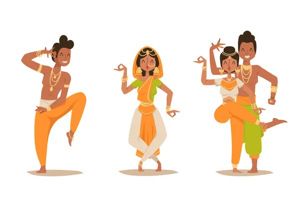 Indická žena muž tančí vektor, samostatný tanečníci silueta ikony lidé Indie taneční show stran filmu, cinema karikatura krásy dívka sárí ilustrace — Stockový vektor