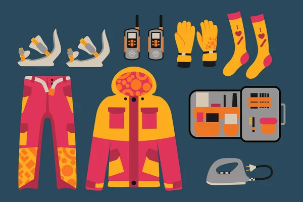 Snowboard vêtements et outils de sport éléments — Image vectorielle