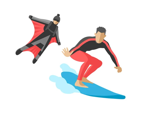 Vector snowboard salto extremo atletas siluetas ilustración vida conjunto velocidad paracaidista wakeboard surf flyboard paracaidismo adrenalina vuelo — Archivo Imágenes Vectoriales