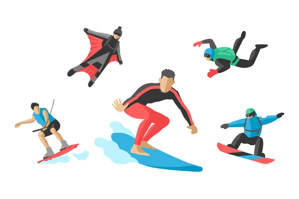 Vektor skákání extrémních sportovců siluety ilustrace života skateboard nastavená rychlost parašutista skateboardista kolečkové brusle wakeboard surfování flyboard — Stockový vektor