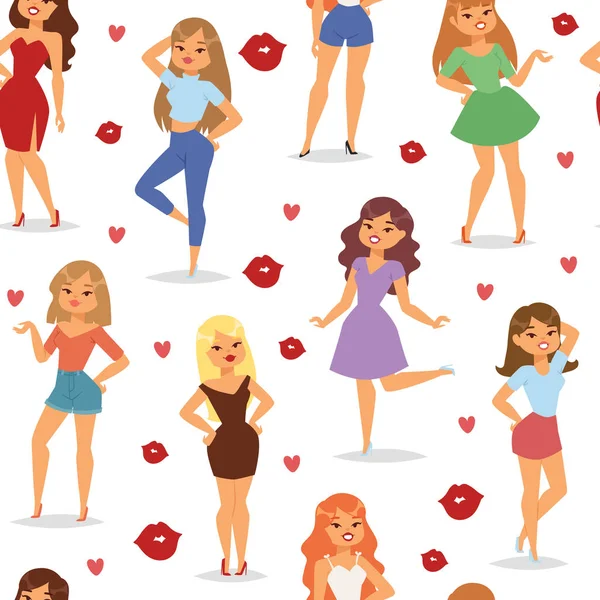Vector lovely girls seamless pattern red lips prints beautiful romantic fabric color and wallpaper texture beauty cartoon graphic character illustration. — Stock Vector