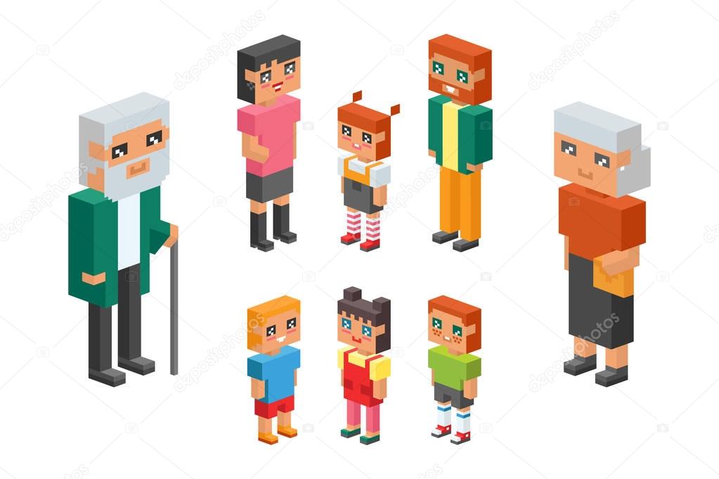 3d isometric family couple children kids people concept flat icons flirting love first date parenting together vector square illustration man woman