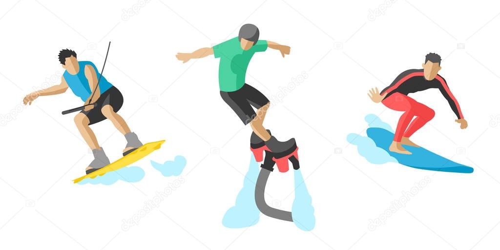 Vector jumping extreme athletes silhouettes illustration life skateboard set speed skydiver skateboarder roller skate wakeboard surfing flyboard