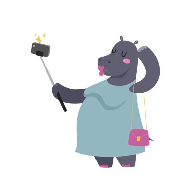 Komik resim fotoğrafçı mamal kişi elini ve akıllı telefon kamera vektör çizim ile birlikte bir selfie alarak sevimli hippo hayvan selfie sopa al.