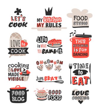 Gıda logo Restoran vintage pişirme metin ifadeler rozet öğesi etiket simgesi tasarım ve çizilmiş damga retro şablon vektör çizim el.