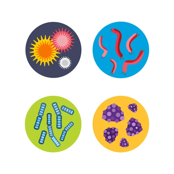 Bakterier virus mikroskopiska isolerade mikrober ikonen mänskliga mikrobiologi organism och medicin infektion biologi sjukdom patogen mögel vektorillustration. — Stock vektor