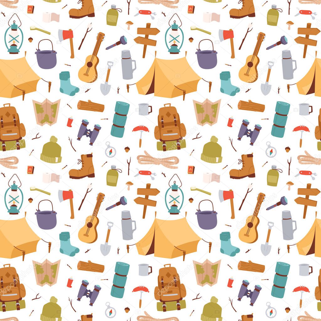Camping stickers in hand drawn style vector seamless pattern