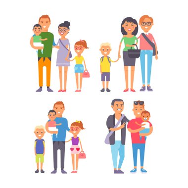 Ebeveynlik kavramı ve rahat üst, neşeli, grup beraberlik gülümseyen aile insanlar yetişkin mutluluk yaşam tarzı mutlu karakter vektör çizim.