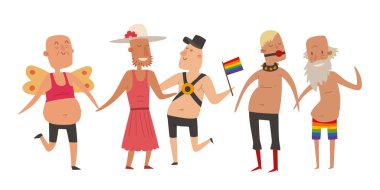 Eşcinsel gay ve lezbiyen insanlar evlilik adam, kadın aile ve renkleri özgür aşk töreni topluluk karakter hoşgörü sembolü vektör çizim çiftler..