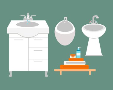 Banyo simgeler kümesi işlemi su tasarruf sembolleri hijyen koleksiyonu ve temiz ev temizlik güzellik kurutma makinesi vektör çizim yıkama ile renkli.