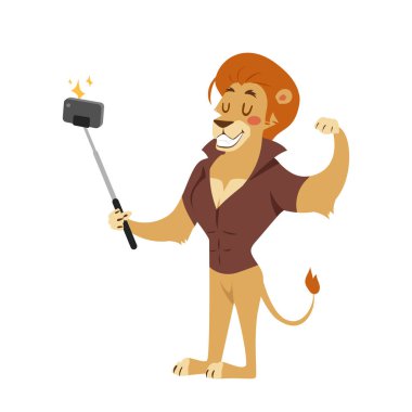 Komik resim aslan fotoğrafçı mamal kişi elini ve sevimli hayvan smartphone kamera vektör çizim ile birlikte bir selfie alarak selfie sopa al.