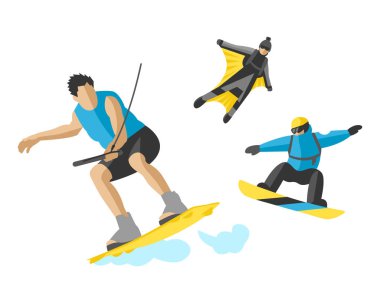 Vektör çizim atlama extremesilhouettes resimde hayat hızını skydiver kaykaycı paten wakeboard sörf flyboard kaykay