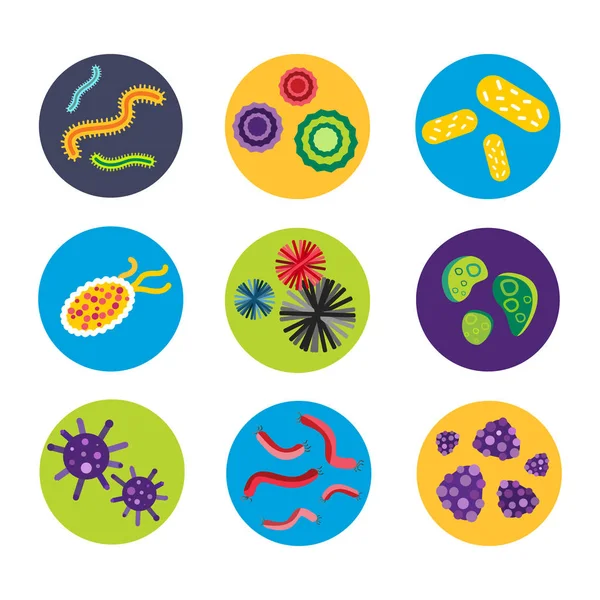 Bactérias vírus microscópico micróbios isolados ícone microbiologia humana organismo e medicina infecção biologia doença patógeno molde vetor ilustração . — Vetor de Stock