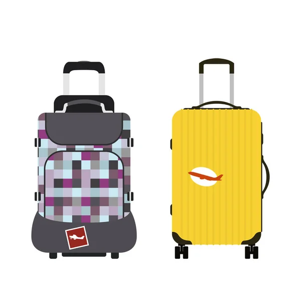 Reisetourismus Mode Reisegepäck oder Reisegepäck Griff Leder Big Packing Aktentasche und Reiseziel Tasche Tasche auf Rädern Vektor Illustration. — Stockvektor