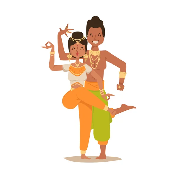 Mujer india hombre danza vector aislado bailarines silueta iconos personas India danza espectáculo fiesta película, dibujos animados cine belleza chica sari ilustración — Vector de stock