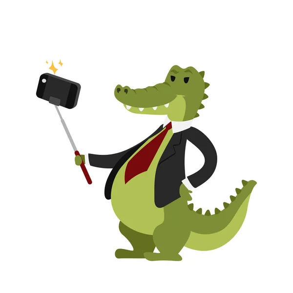 Vicces kép krokodil fotós Bernadett személy veszi selfie bottal a kezében, és vesz egy selfie együtt smartphone kamera vektoros illusztráció aranyos állat. — Stock Vector