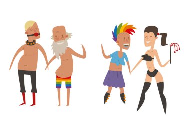 Eşcinsel gay ve lezbiyen insanlar evlilik adam, kadın aile ve renkleri özgür aşk töreni topluluk karakter hoşgörü sembolü vektör çizim çiftler..
