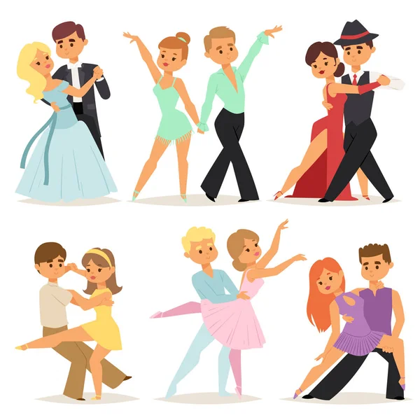 Ballando coppie persona romantica e la gente danza uomo con donna intrattenimento insieme bellezza vettore illustrazione . — Vettoriale Stock