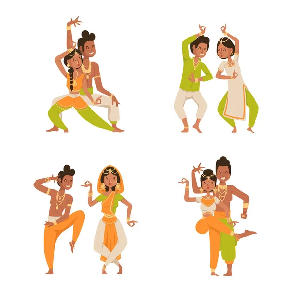 Mujer india hombre danza vector aislado bailarines silueta iconos personas India danza espectáculo fiesta película, dibujos animados cine belleza chica sari ilustración — Vector de stock