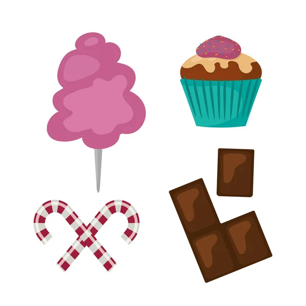 Γλυκά τρόφιμα αρτοποιείο επιδόρπιο ζάχαρης ζαχαροπλαστικής γλειφιτζούρι σχεδιασμό και σνακ κέικ σοκολάτας πολύχρωμο διακοπών καραμέλα καραμέλα εικονίδιο διανυσματικά εικονογράφηση. — Διανυσματικό Αρχείο