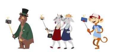 Komik resim fotoğrafçı mamal kişi elini ve sevimli hayvan smartphone kamera vektör çizim ile birlikte bir selfie alarak selfie sopa al.