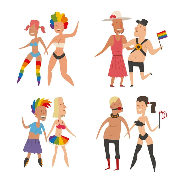 Homosexual gay y lesbianas personas matrimonio hombre, mujer parejas familia y colores libre amor ceremonia comunidad caracteres tolerancia símbolo vector ilustración . — Vector de stock