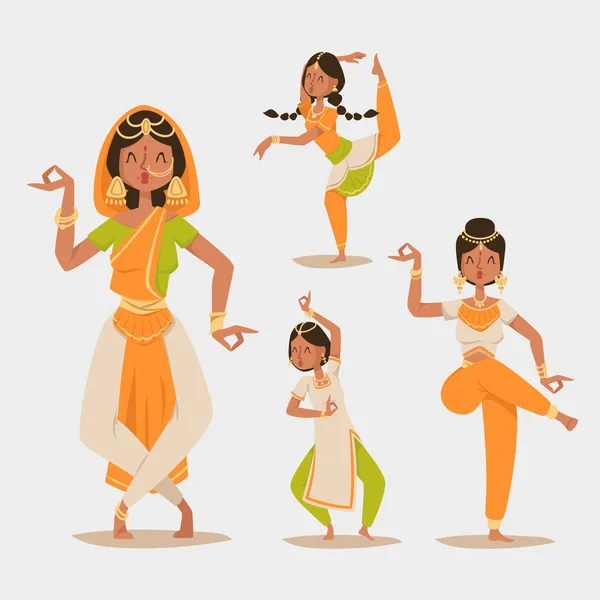 Indian woman dancing vector isolated dancers silhouette icons people India dance show party movie, cinema cartoon beauty girl sari illustration asia — Stock Vector