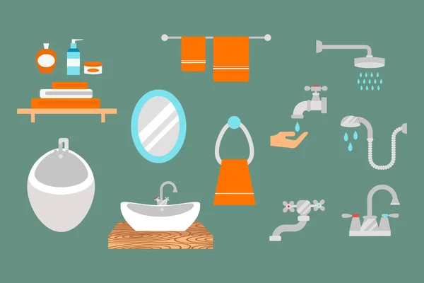 Iconos de baño de color conjunto con el proceso de ahorro de agua símbolos de recogida de higiene y limpieza de la casa limpia belleza secadora vector ilustración . — Vector de stock