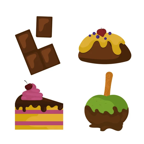 Doces comida padaria sobremesa confeitaria de açúcar pirulito design e lanche bolo de chocolate colorido feriado doces caramelo ícone vetor ilustração . —  Vetores de Stock