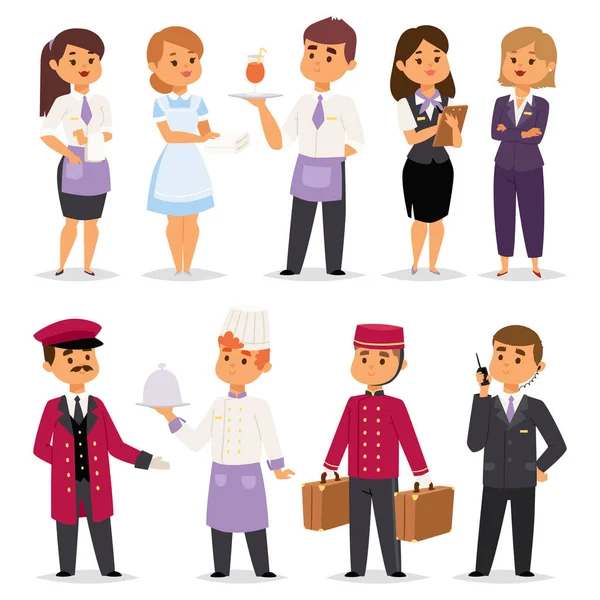 Profesiones del hotel personas trabajadores recepcionista feliz de pie en el mostrador del hotel y personajes lindos en la ilustración de vectores de servicio de reserva uniforme . — Vector de stock