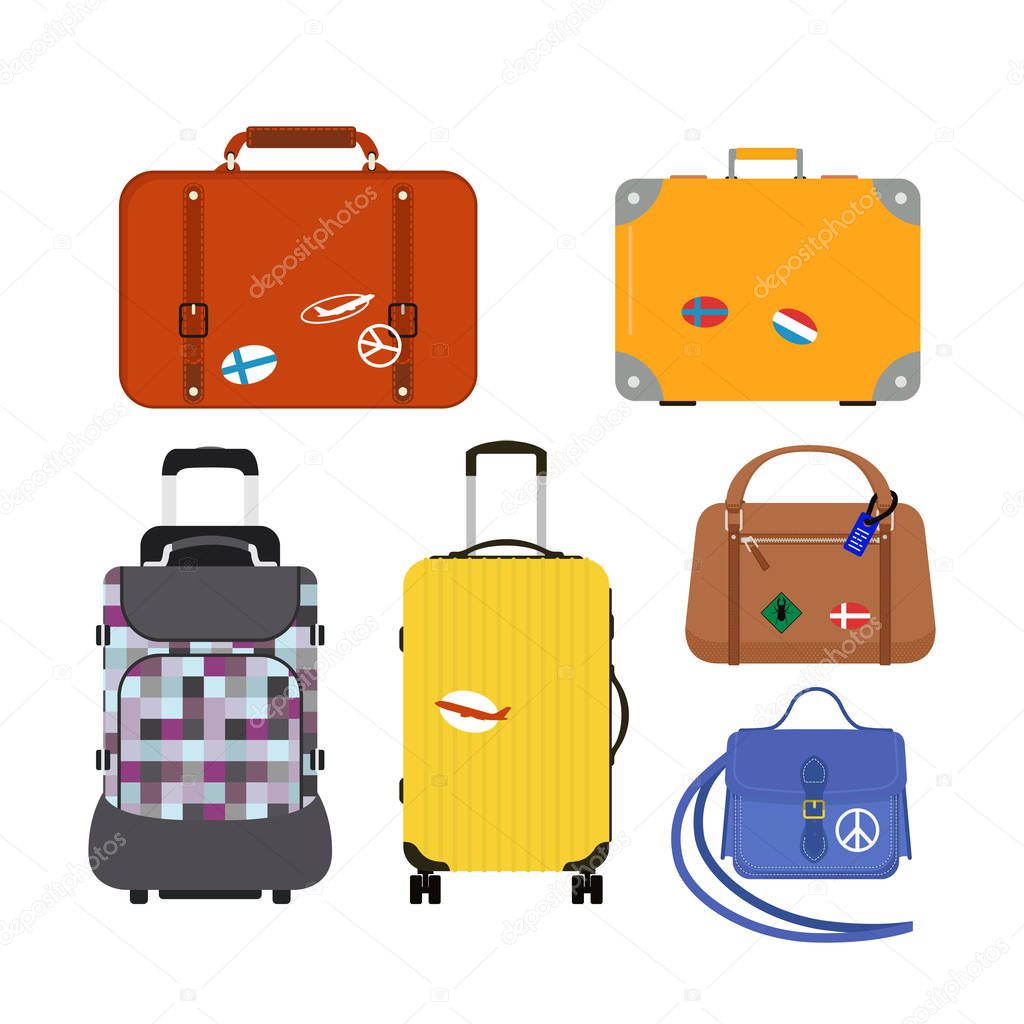 Travel tourism fashion baggage or luggage vacation handle leather big packing briefcase and voyage destination case bag on wheels vector illustration.